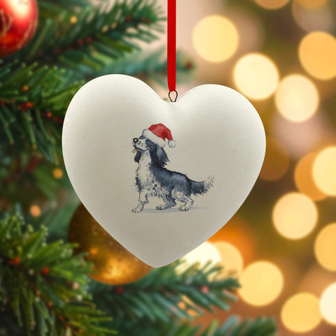 Sprocker Black & White in Santa Hat Christmas Heart Bauble